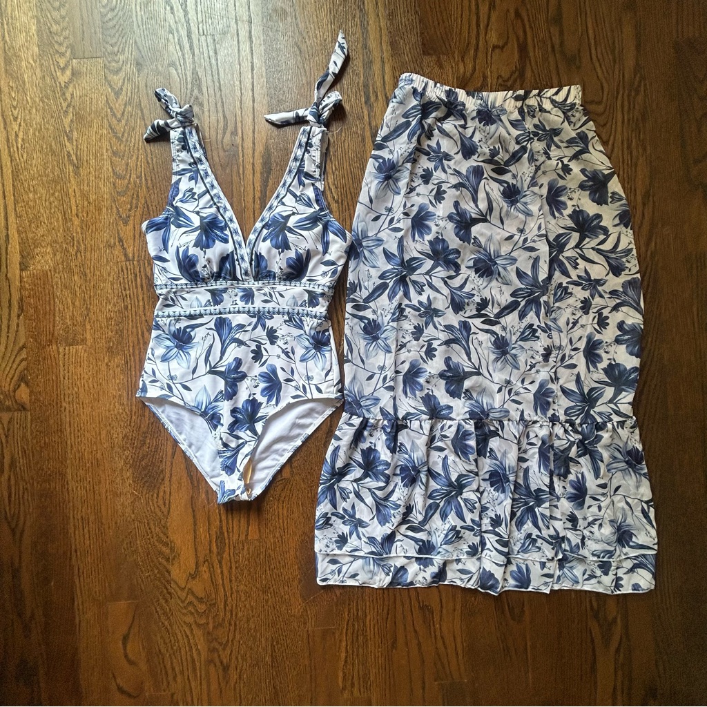 Floral Blue And White Swimwear Set